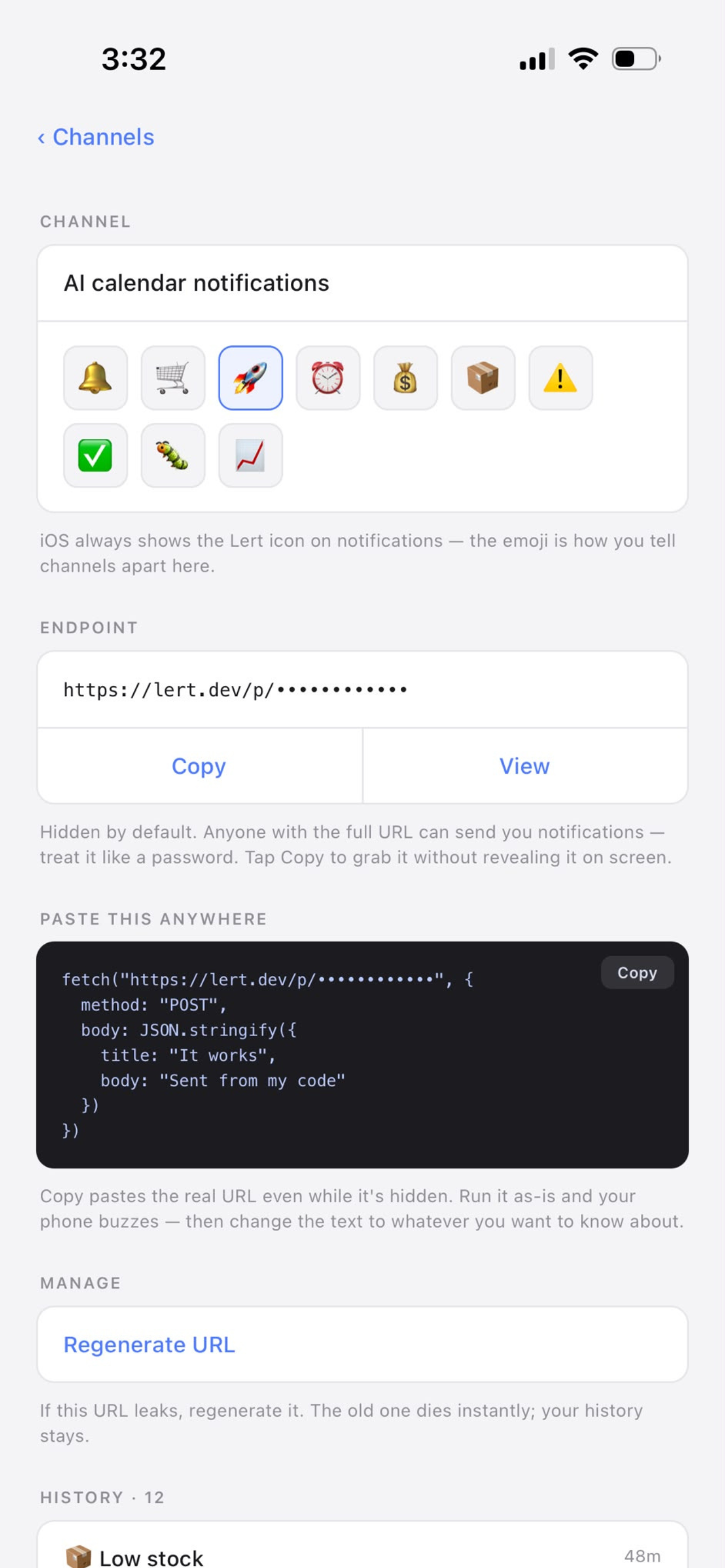Lert channel detail screen showing the endpoint URL, a copy button, and a ready-to-paste fetch code snippet