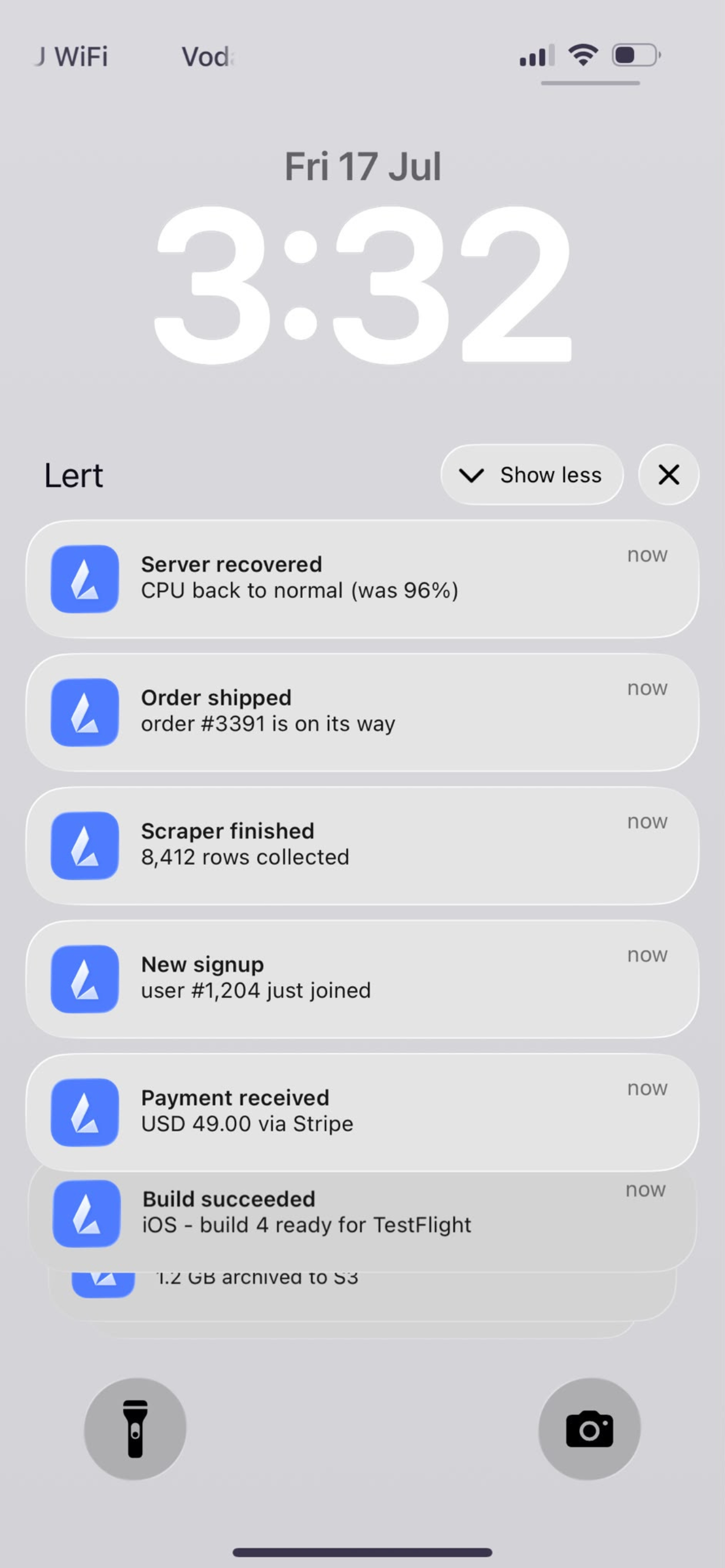 Lert notifications stacked on an iPhone lock screen: server recovered, order shipped, scraper finished, new signup, payment received, build succeeded